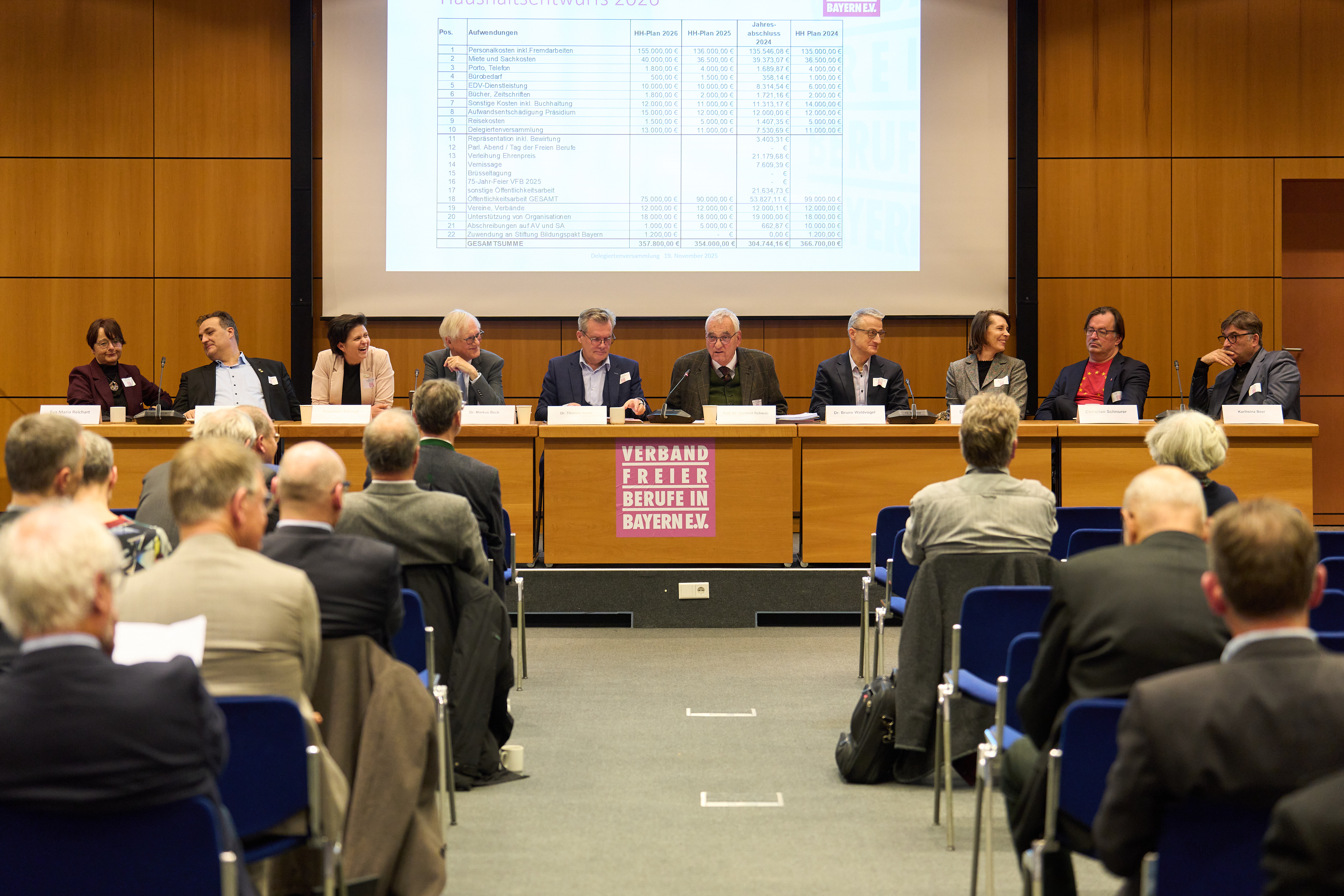 Blick in die Delegiertenversammlung des VFB auf Plenum und Präsidium.